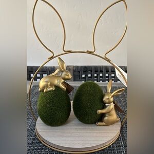 COPY - Easter Gold Wire Bunny Stand and Easter Bunnies With Flocked eggs. New.